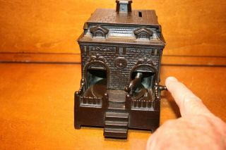 Orig.  Cast Iron DOG ON TURNTABLE Mechanical Building Bank by H.  L.  Judd C 1895 5