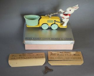 1930s Lionel 1104 Peter Rabbit Chick Mobile Clockwork Windup Toy W/ Rare Wheels