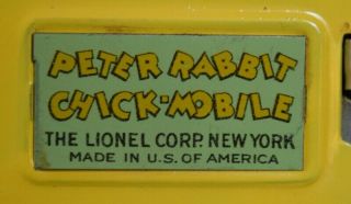 1930s Lionel 1104 Peter Rabbit Chick Mobile Clockwork Windup Toy w/ Rare Wheels 6