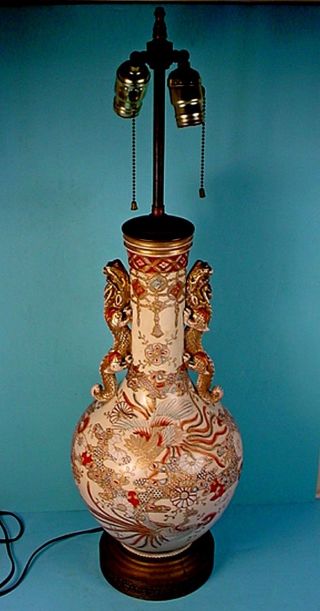 Large Antique Japanese Satsuma Earthenware Bottle Form ‘dragon’ Vase / Lamp