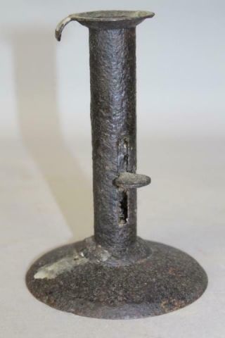 A Great Early 19th C Rolled Iron Hogscraper Candlestick Old Grungy Black Paint