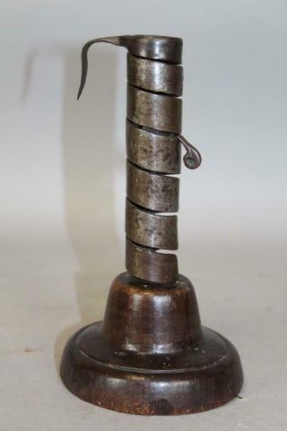 Rare Early 18th C Wrought Iron And Wood Spiral Candlestick Great Form & Surface