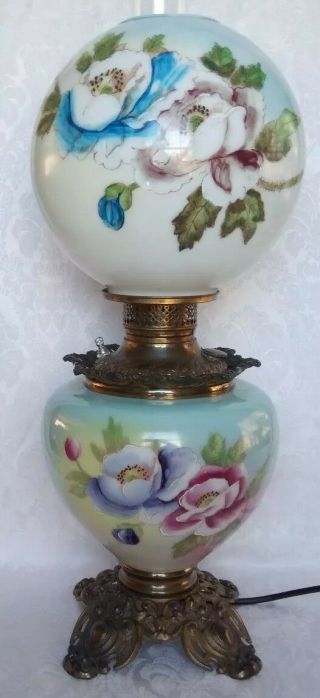 Antique Victorian Era Gone With The Wind Oil Lamp Hand Painted Converted