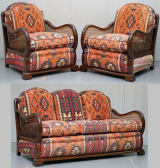 Art Deco Berger Three Piece Suite Kilim Upholstered Cushions Sofa & Armchairs