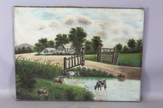 Ct River Valley Folk Art O/c 19th C Painting Farm Scene With Stream & Cows