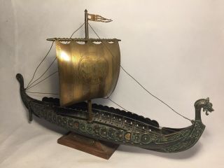 Vintage Signed Edward Aargaard Denmark Bronze Metal Viking Ship Longboat 17”