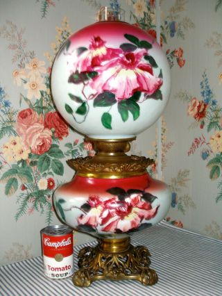 C.  1905 Pittsburgh Wild Roses Gwtw Parlor Banquet Lamp,  Victorian Antique