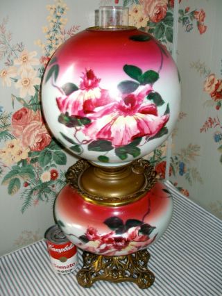 c.  1905 Pittsburgh WILD ROSES GWTW Parlor Banquet Lamp,  Victorian Antique 2