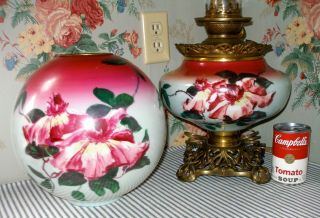 c.  1905 Pittsburgh WILD ROSES GWTW Parlor Banquet Lamp,  Victorian Antique 4