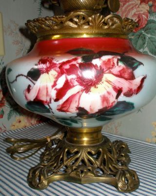 c.  1905 Pittsburgh WILD ROSES GWTW Parlor Banquet Lamp,  Victorian Antique 9