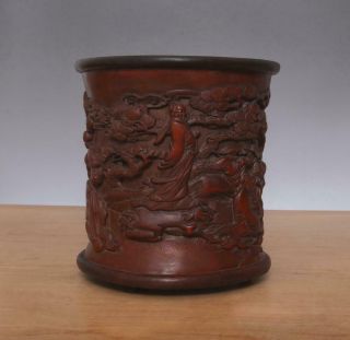 Shenqian Signed Antique Chinese Carved Figures Bamboo Brush Pot 2