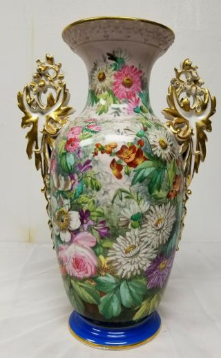 Antique Large Floral Hand Painted And Gild Old Paris Floor Vase Unsigned