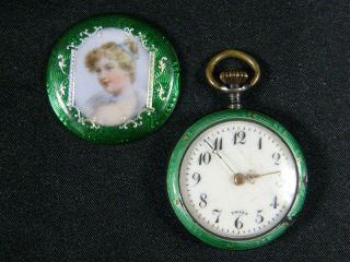 Antique Victorian Argent Dore ' Swiss Guilloche Enamel Silver Ladies Pocket Watch 3