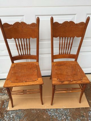 Vintage Pair Oak Pressed Back Chairs With Cherries In Press Design
