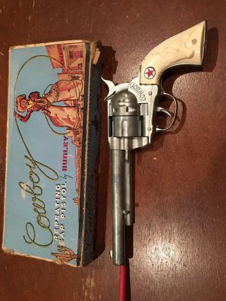 Vintage Hubley Cowboy Cap Gun And Unfired Mib - Boxed - Large Gun