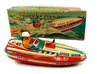 Yonezawa Speed Queen U - 37 Tin Litho Friction Speedboat W/driver & Box Nr