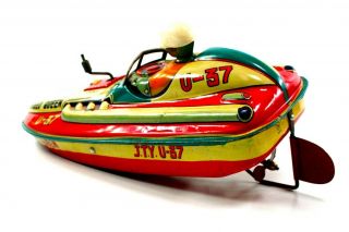 YONEZAWA SPEED QUEEN U - 37 TIN LITHO FRICTION SPEEDBOAT W/DRIVER & BOX NR 9