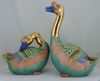 Vintage Or Antique Chinese/japanese Asian Green & Gold Duck Figurine Pair Bird