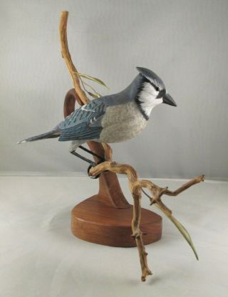 Vintage Hand Carved and Painted Wood Bird Carving Blue Jay Signed G.  White ' 97 3