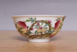 Yongzheng Signed Antique Old Chinese Famille Rose Bowl w/Nine Peaches 4