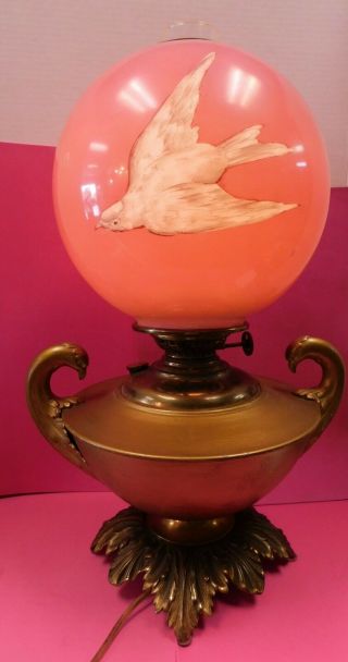Antique Oil Kerosene B&h Miller Victorian Banquet Lamp Glass Pink Swift Bird