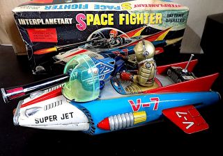 Vintage Rare Tin Battery Op Interplanetary Space Fighter,  Nomura Toys Japan Vgib