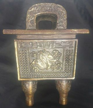 Rare Old Chinese Antique Bronze Censer Incense Burner Pot Dragons And Foo Dog 4
