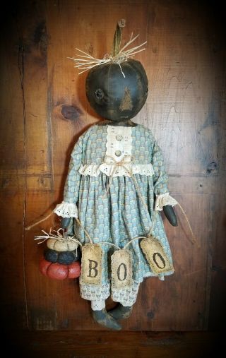 Primitive Folk Art Halloween Fall Black Pumpkin OOAK Sit/Hang Boo Doll Greeter 11