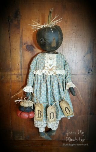 Primitive Folk Art Halloween Fall Black Pumpkin OOAK Sit/Hang Boo Doll Greeter 12