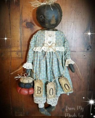Primitive Folk Art Halloween Fall Black Pumpkin Ooak Sit/hang Boo Doll Greeter