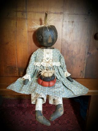 Primitive Folk Art Halloween Fall Black Pumpkin OOAK Sit/Hang Boo Doll Greeter 2