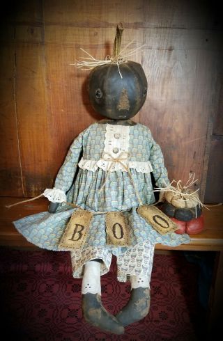 Primitive Folk Art Halloween Fall Black Pumpkin OOAK Sit/Hang Boo Doll Greeter 4