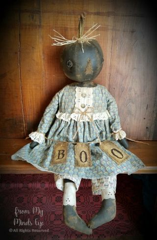 Primitive Folk Art Halloween Fall Black Pumpkin OOAK Sit/Hang Boo Doll Greeter 7