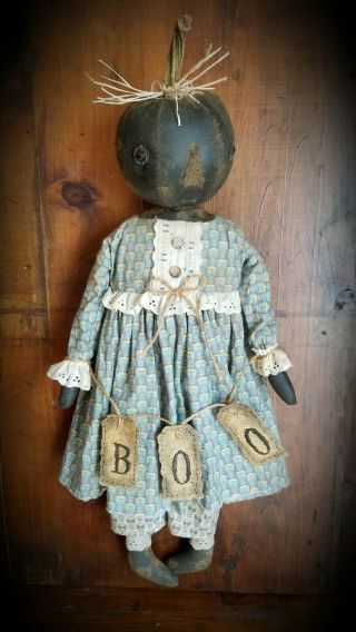 Primitive Folk Art Halloween Fall Black Pumpkin OOAK Sit/Hang Boo Doll Greeter 9