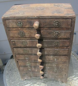 Antique Chinese Trinket Jewelry Wooden Box Chest Of Drawers Vintage
