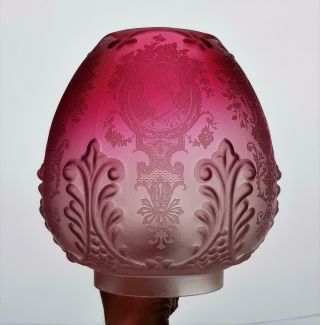 Victorian Crystal Etched Cranberry Glass Kerosene Paraffin Oil Lamp Duplex Shade