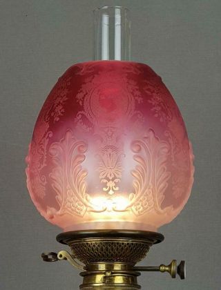 Victorian Crystal Etched Cranberry Glass Kerosene Paraffin Oil Lamp Duplex Shade 2