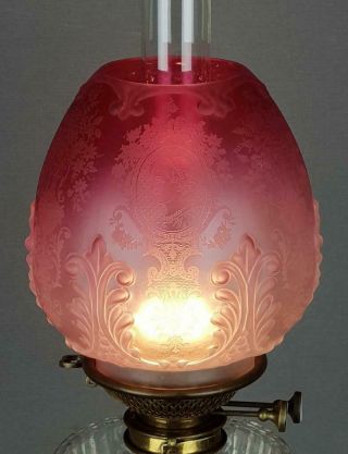 Victorian Crystal Etched Cranberry Glass Kerosene Paraffin Oil Lamp Duplex Shade 3