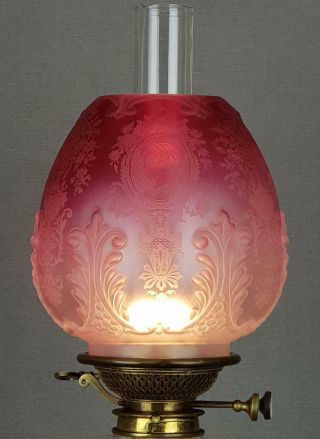 Victorian Crystal Etched Cranberry Glass Kerosene Paraffin Oil Lamp Duplex Shade 4