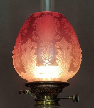 Victorian Crystal Etched Cranberry Glass Kerosene Paraffin Oil Lamp Duplex Shade 5