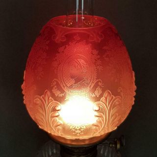 Victorian Crystal Etched Cranberry Glass Kerosene Paraffin Oil Lamp Duplex Shade 8