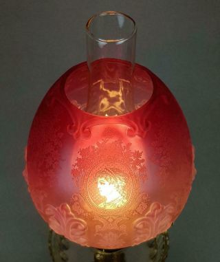 Victorian Crystal Etched Cranberry Glass Kerosene Paraffin Oil Lamp Duplex Shade 9