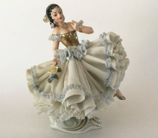 Vintage Capodimonte Dresden Lace 6 1/4 " Figurine Dancer Lady Italy Blue Lace