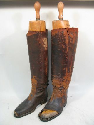 Vtg Antique Peal &co Leather Riding Boot W Wood Key Hollowed Stretcher Tree Form
