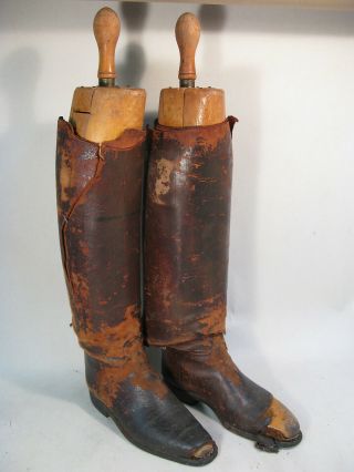 VTG ANTIQUE PEAL &CO LEATHER RIDING BOOT w WOOD KEY HOLLOWED STRETCHER TREE FORM 2