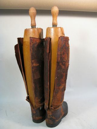 VTG ANTIQUE PEAL &CO LEATHER RIDING BOOT w WOOD KEY HOLLOWED STRETCHER TREE FORM 3