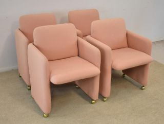 Four Upholstered Modern Arm / Dining Chairs On Rollers By Dillingham Circa 1983
