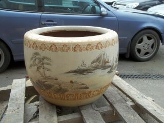 LARGE ANTIQUE LATE 19TH CENTURY GLAZED TERRACOTTA HAND PAINTED JAPANESE PLANTER 7