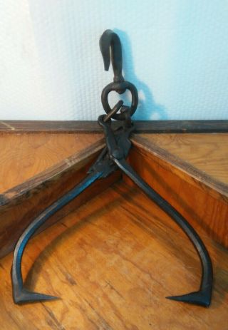 Antique Blacksmith Made Horse Oxen Drawn Logging Farm Hooks Puller Clamp Tool