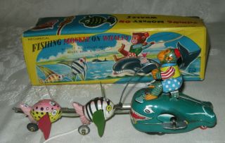 Vintage 1950s Fishing Monkey On Whales Tps Japan Tin Wind Up Toy